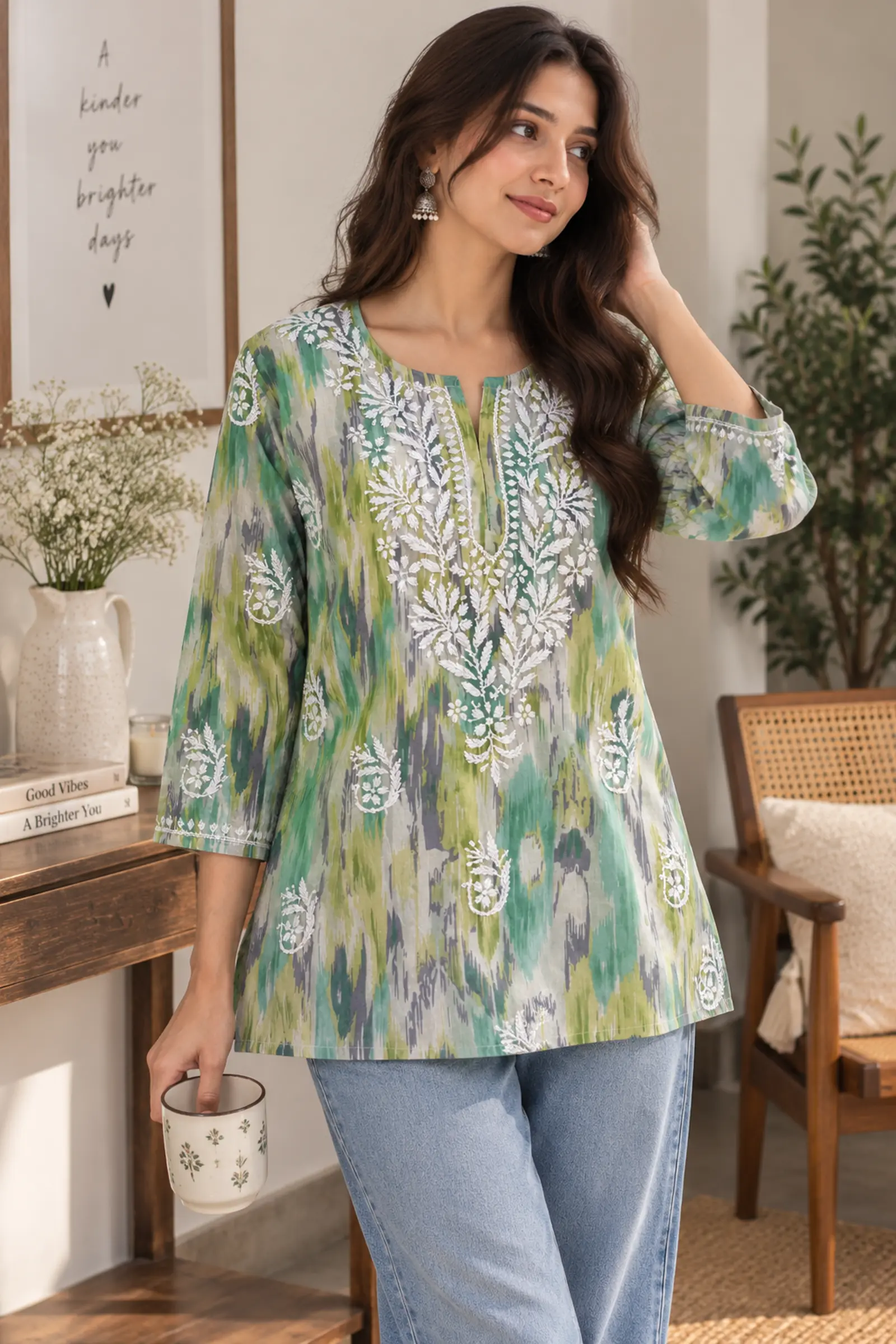 Green ikat short kurti, front
