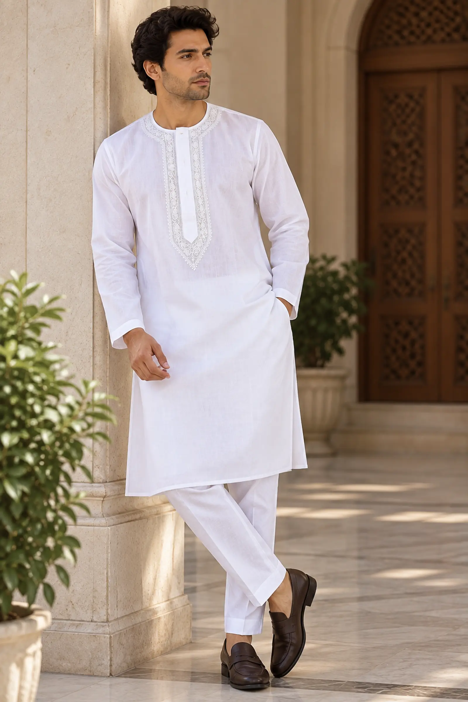 White mens blend kurta, front