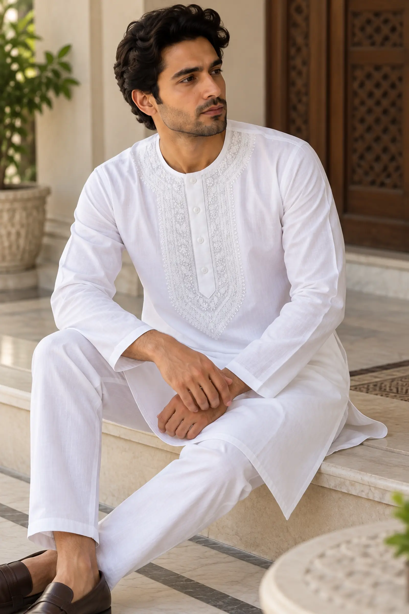 White mens pure kurta, front