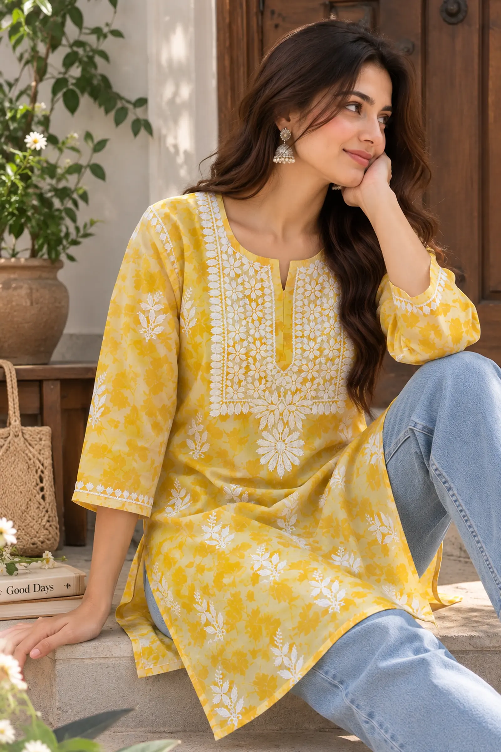 Yellow floral short kurti, front